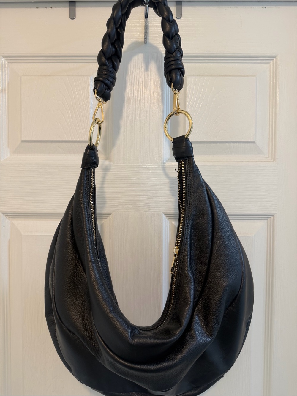 Braided-Handle Black Leather Hobo Bag with Gold Hardware